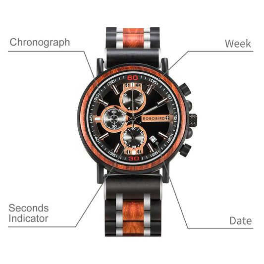 Odysseus Wooden Watch – Luxury Chronograph, Auto Date & Fashion Gift