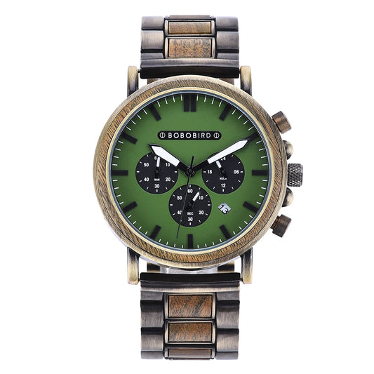 Ares Chrono Watch – Wood & Steel, Luminous Hands & Men’s Precision