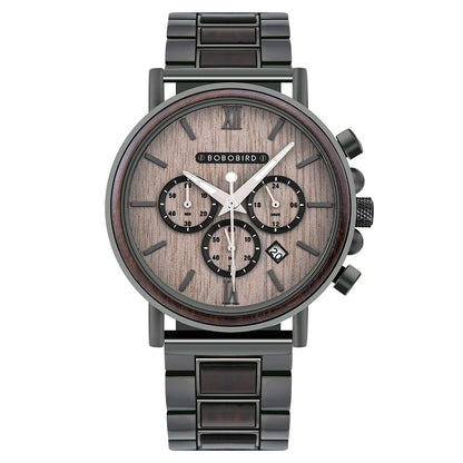 Ares Chrono Watch – Wood & Steel, Luminous Hands & Men’s Precision