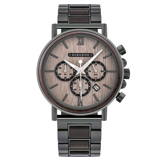 Ares Chrono Watch – Wood & Steel, Luminous Hands & Men’s Precision