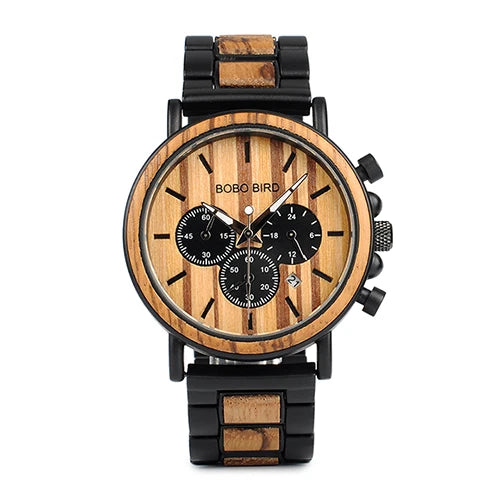 Ares Chrono Watch – Wood & Steel, Luminous Hands & Men’s Precision