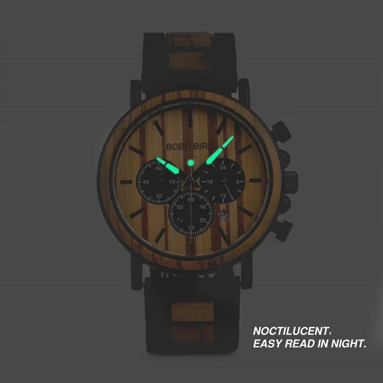 Ares Chrono Watch – Wood & Steel, Luminous Hands & Men’s Precision