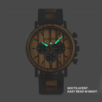 Ares Chrono Watch – Wood & Steel, Luminous Hands & Men’s Precision