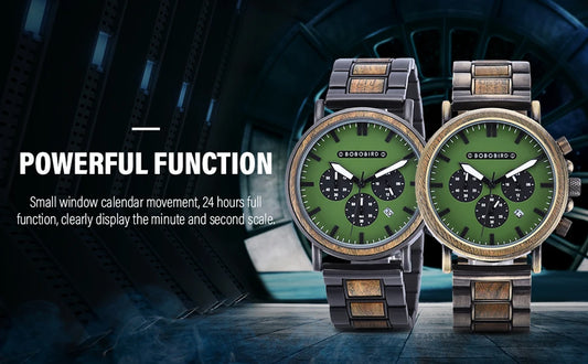 Ares Chrono Watch – Wood & Steel, Luminous Hands & Men’s Precision