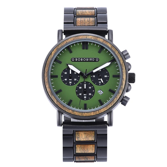 Ares Chrono Watch – Wood & Steel, Luminous Hands & Men’s Precision