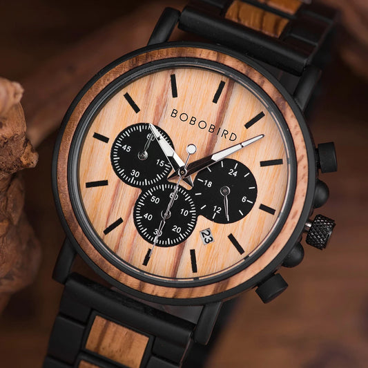 Ares Chrono Watch – Wood & Steel, Luminous Hands & Men’s Precision