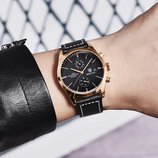 Hector Chrono Watch – 100M Waterproof, Leather Strap & Military Precision