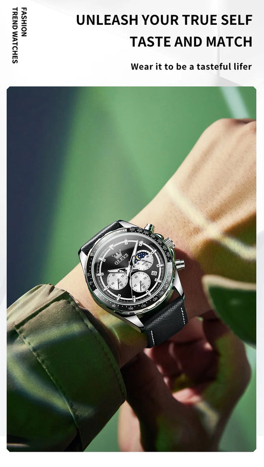 Hector Chrono Watch – Green Dial, Multifunctional & Waterproof Leather Design