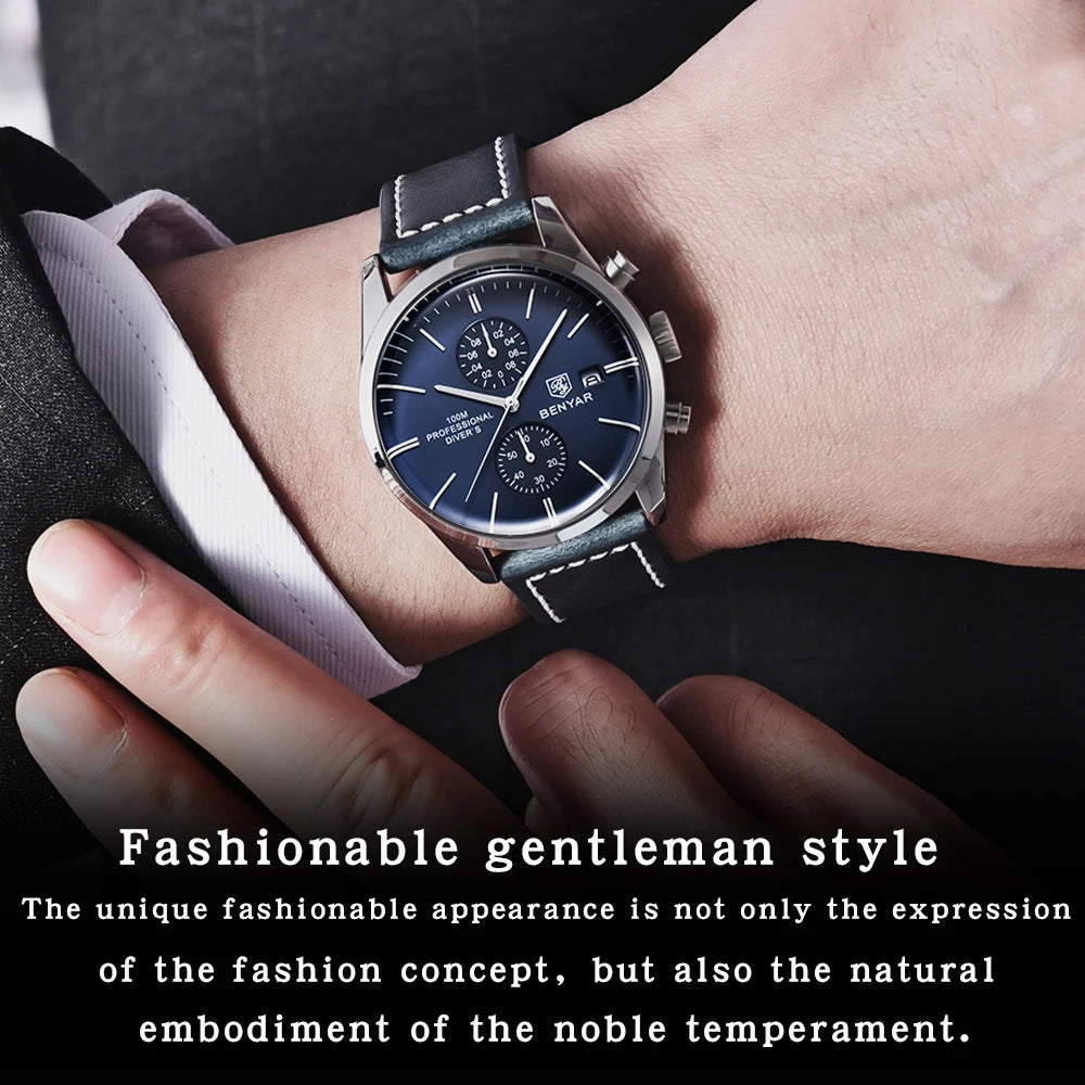 Hector Chrono Watch – 100M Waterproof, Leather Strap & Military Precision