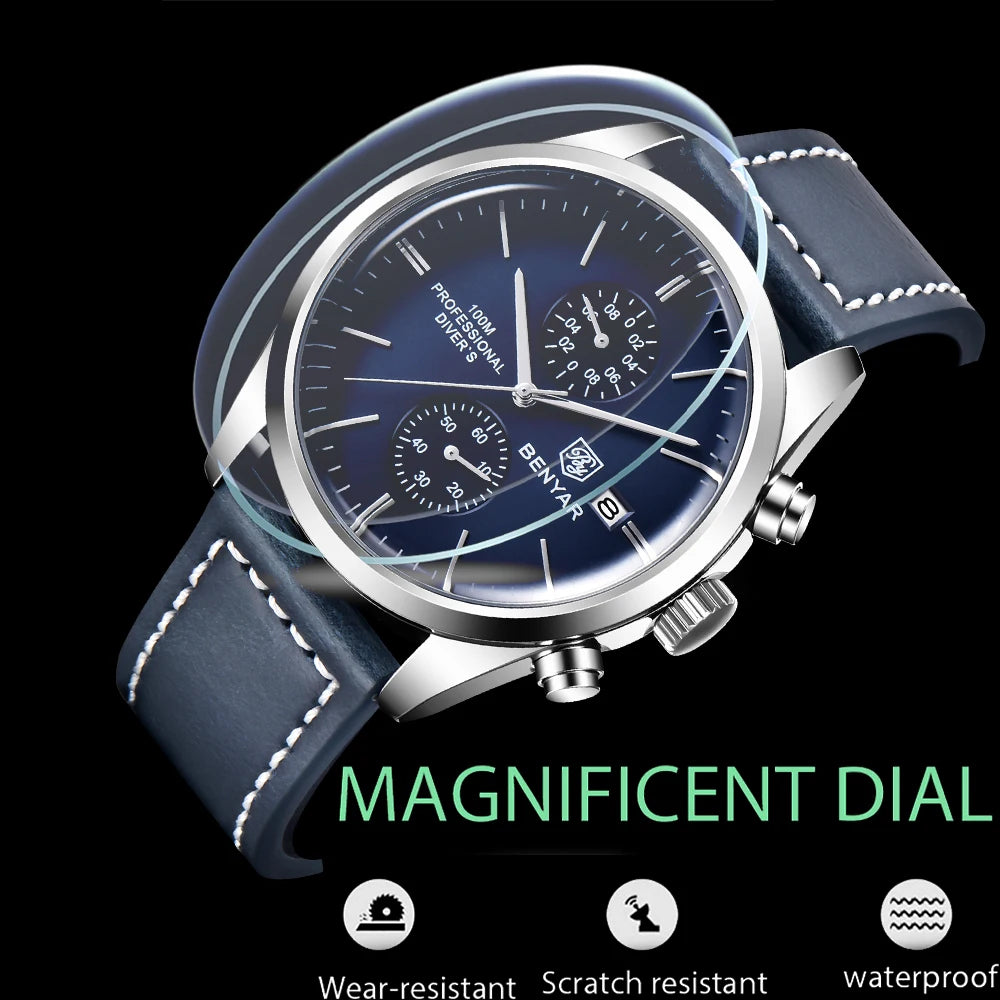 Hector Chrono Watch – 100M Waterproof, Leather Strap & Military Precision