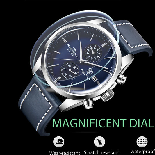 Hector Chrono Watch – 100M Waterproof, Leather Strap & Military Precision