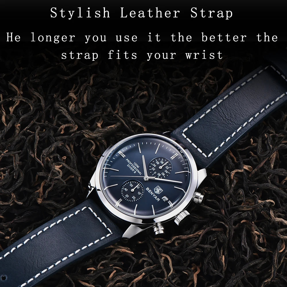 Hector Chrono Watch – 100M Waterproof, Leather Strap & Military Precision