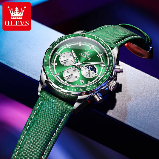 Hector Chrono Watch – Green Dial, Multifunctional & Waterproof Leather Design