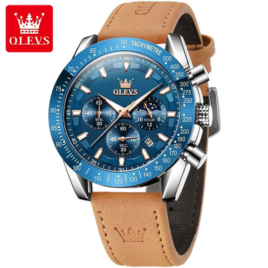 Odysseus Moonphase Watch – Brown Leather, Luminous Dial & Waterproof Design