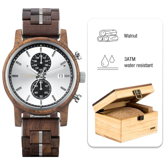 Themistocles Wooden Watch – Chronograph Quartz, Engraved & Date Display