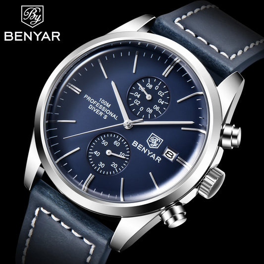 Hector Chrono Watch – 100M Waterproof, Leather Strap & Military Precision