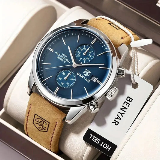 Hector Chrono Watch – 100M Waterproof, Leather Strap & Military Precision