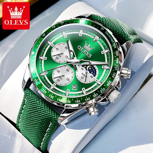 Hector Chrono Watch – Green Dial, Multifunctional & Waterproof Leather Design