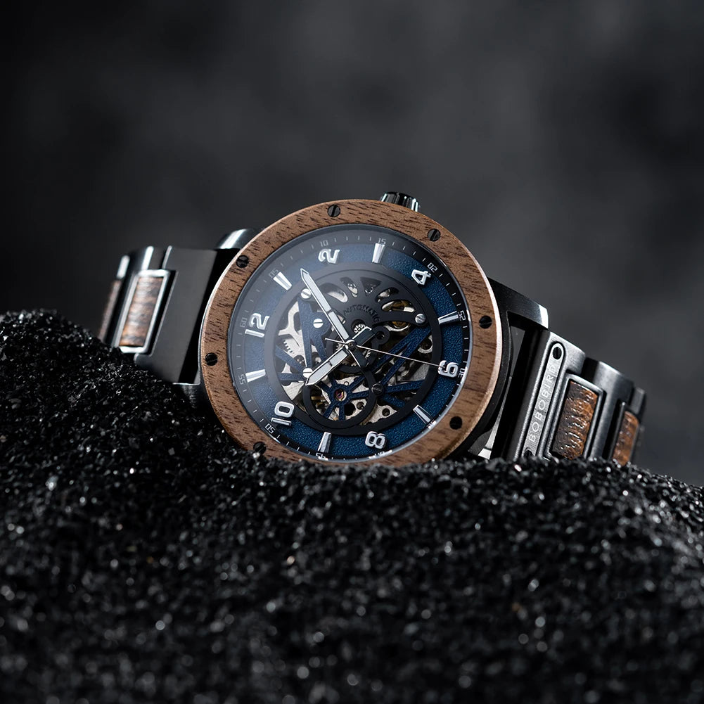 Heraclitus Wooden Watch – Mechanical Skeleton, Engraved Elegance & Luxury Gift