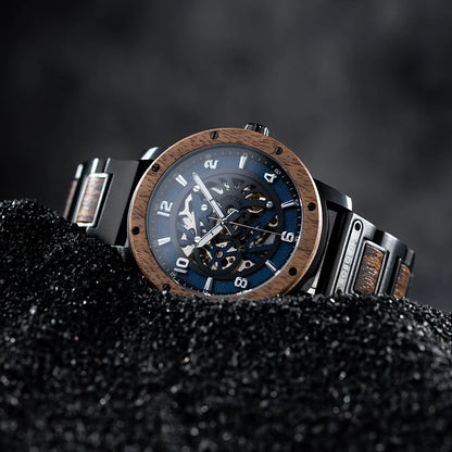 Heraclitus Wooden Watch – Mechanical Skeleton, Engraved Elegance & Luxury Gift