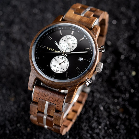 Themistocles Wooden Watch – Chronograph Quartz, Engraved & Date Display