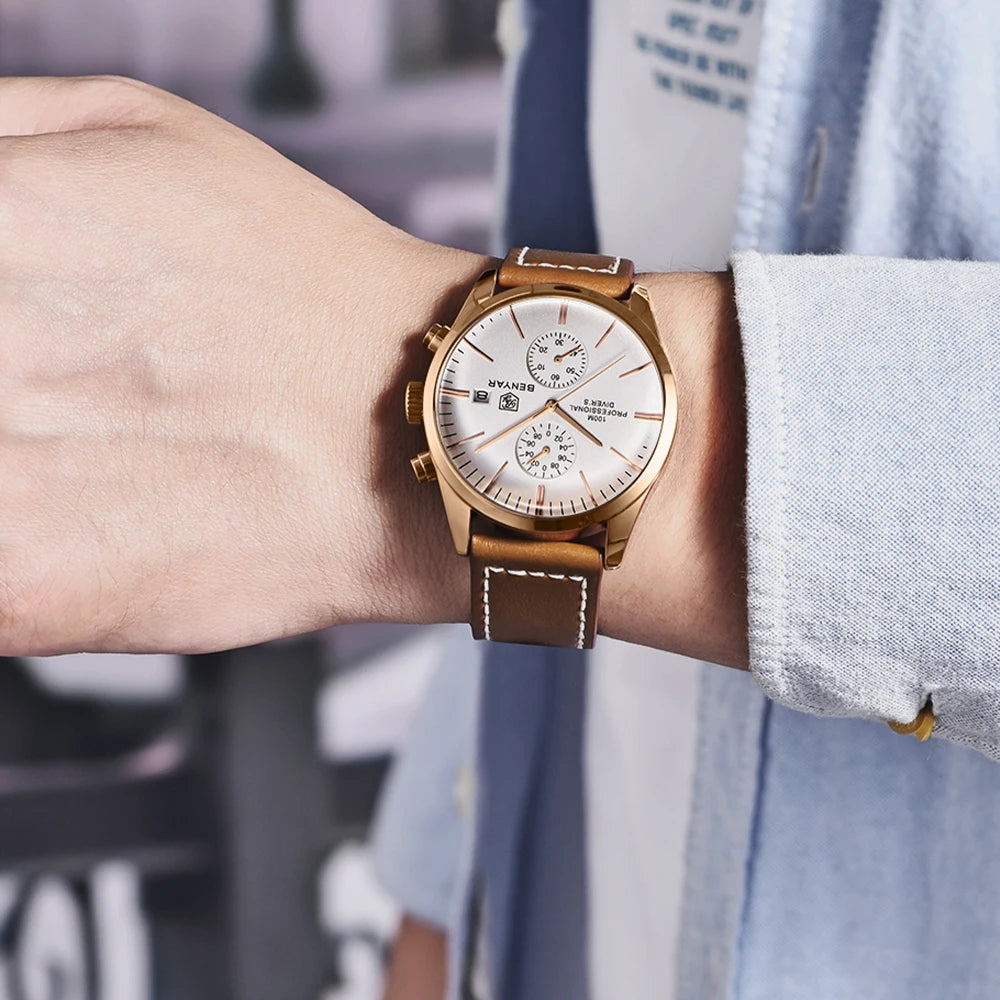 Hector Chrono Watch – 100M Waterproof, Leather Strap & Military Precision