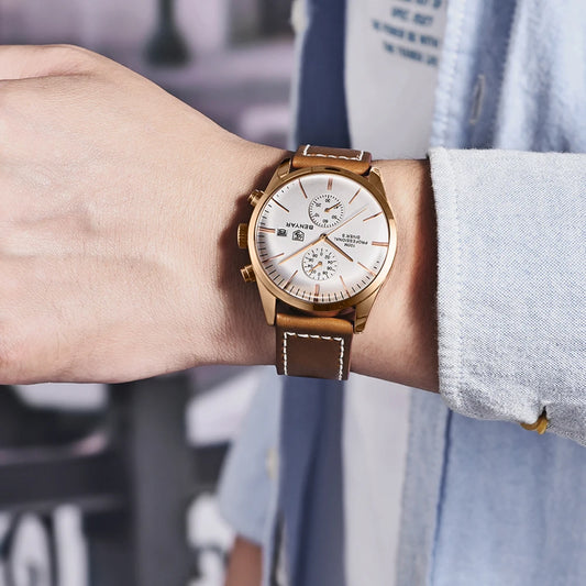 Hector Chrono Watch – 100M Waterproof, Leather Strap & Military Precision