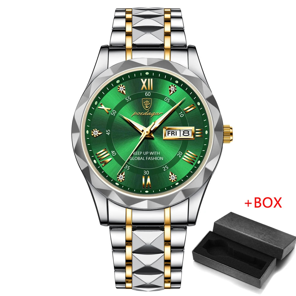 Zephyros Quartz Watch – Green Dial, Waterproof & Luminous Steel Design
