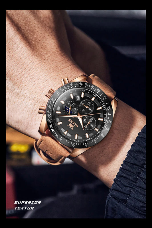 Odysseus Moonphase Watch – Brown Leather, Luminous Dial & Waterproof Design