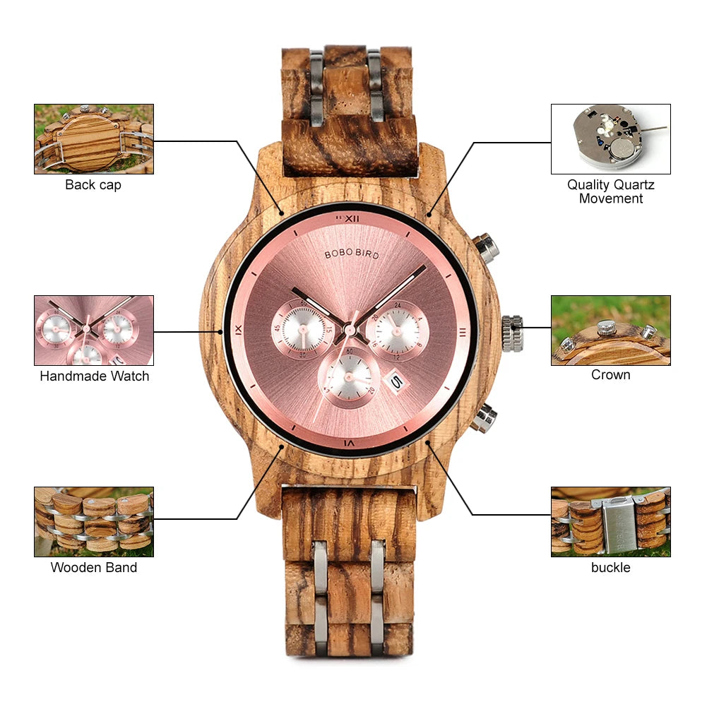 Nefertiti Wooden Watch – Luxury Chronograph, Auto Date & Quartz Elegance