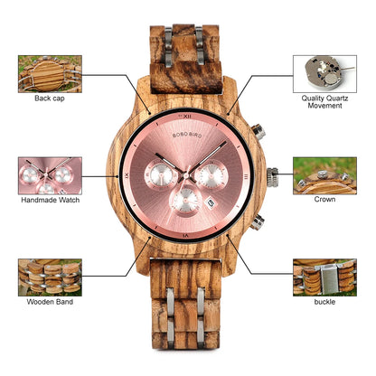 Nefertiti Wooden Watch – Luxury Chronograph, Auto Date & Quartz Elegance
