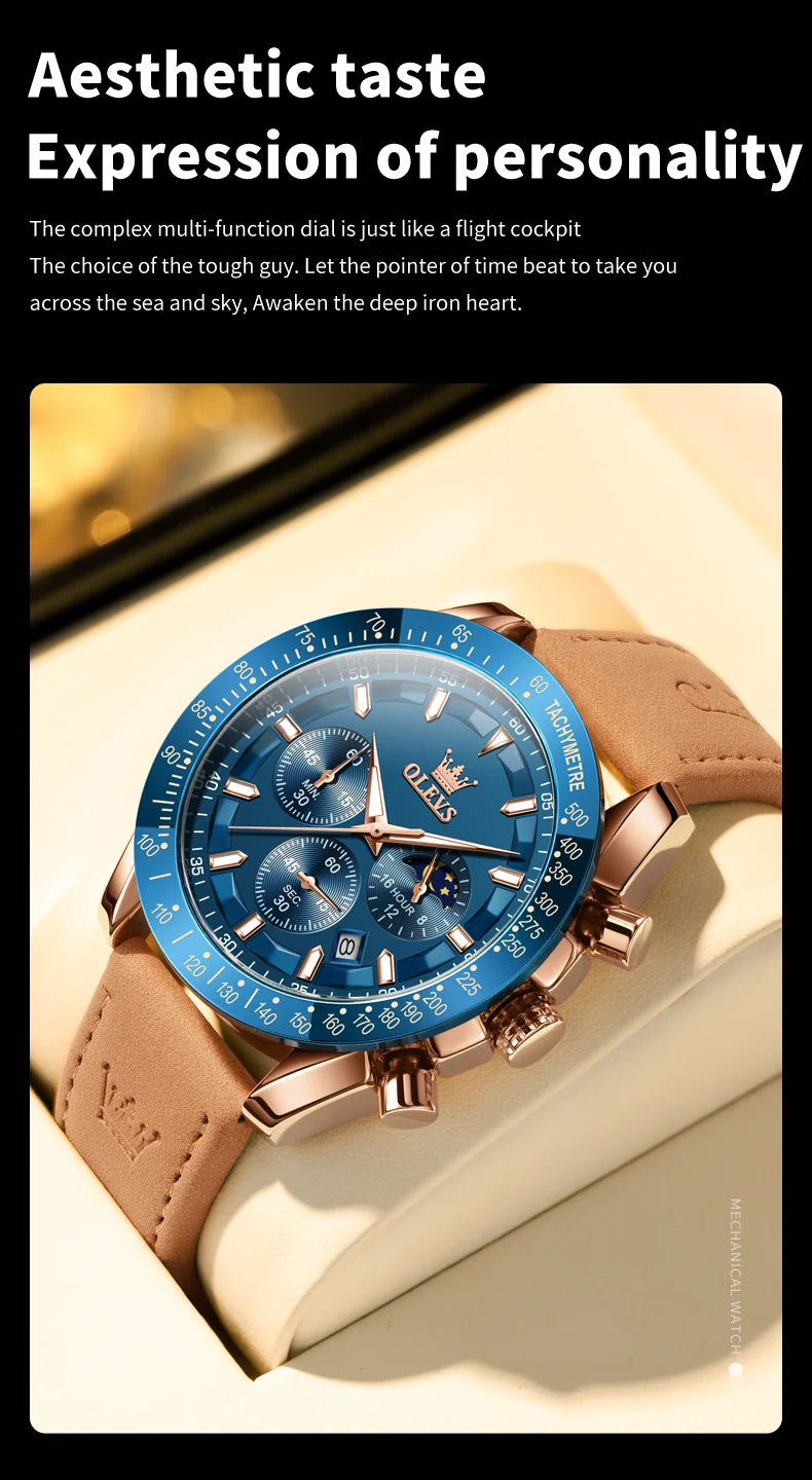 Odysseus Moonphase Watch – Brown Leather, Luminous Dial & Waterproof Design