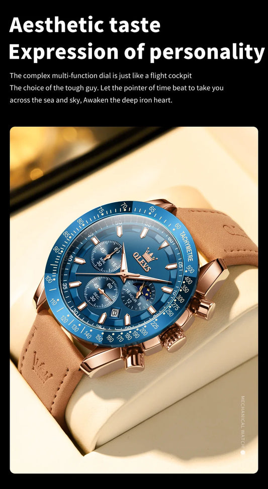 Odysseus Moonphase Watch – Brown Leather, Luminous Dial & Waterproof Design