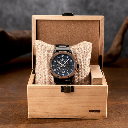 Heraclitus Wooden Watch – Mechanical Skeleton, Engraved Elegance & Luxury Gift