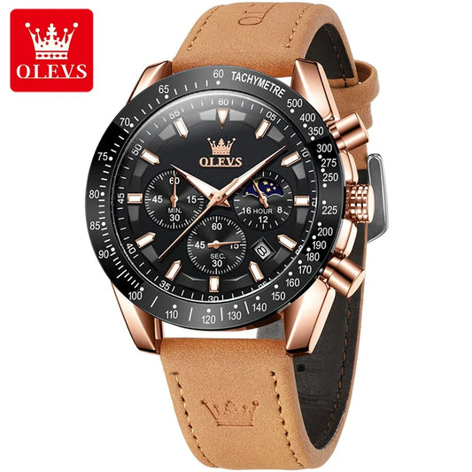 Odysseus Moonphase Watch – Brown Leather, Luminous Dial & Waterproof Design