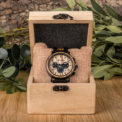 Ares Chrono Watch – Wood & Steel, Luminous Hands & Men’s Precision