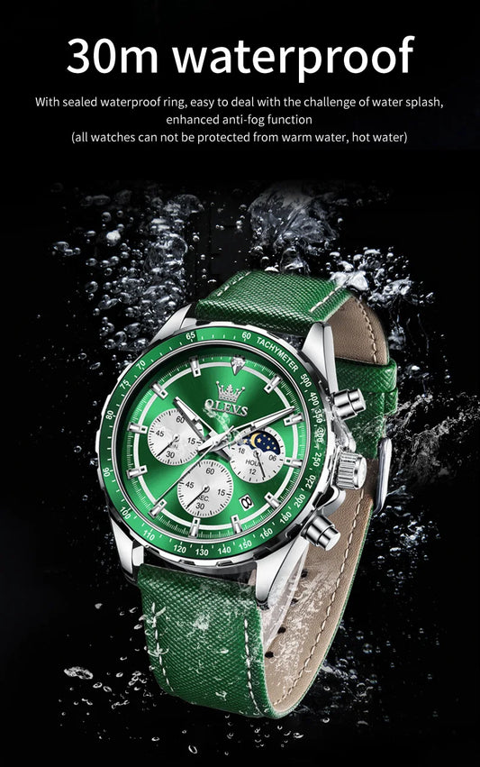 Hector Chrono Watch – Green Dial, Multifunctional & Waterproof Leather Design