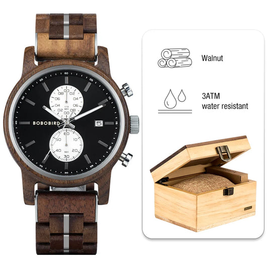 Themistocles Wooden Watch – Chronograph Quartz, Engraved & Date Display