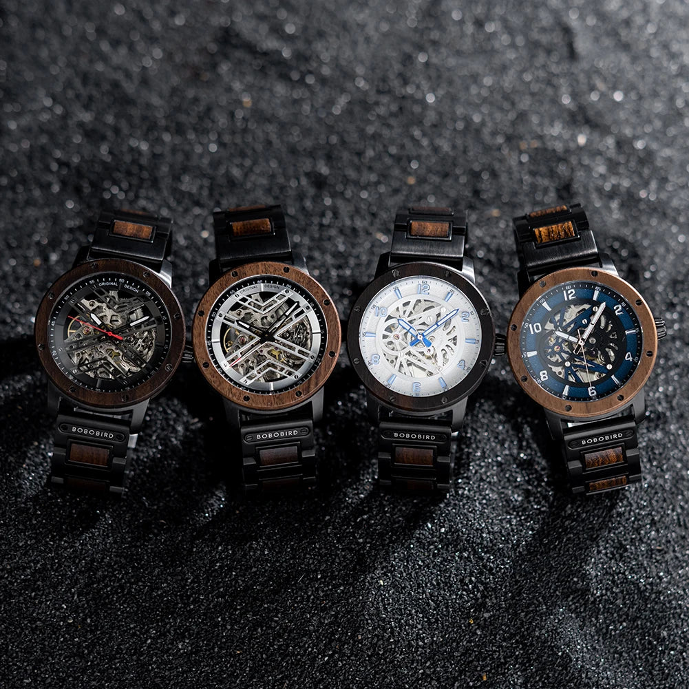 Heraclitus Wooden Watch – Mechanical Skeleton, Engraved Elegance & Luxury Gift