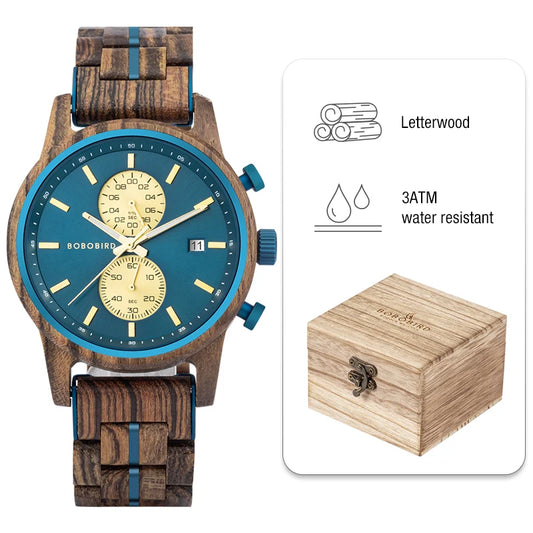Themistocles Wooden Watch – Chronograph Quartz, Engraved & Date Display