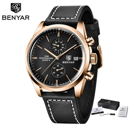 Hector Chrono Watch – 100M Waterproof, Leather Strap & Military Precision