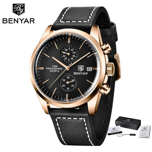 Hector Chrono Watch – 100M Waterproof, Leather Strap & Military Precision