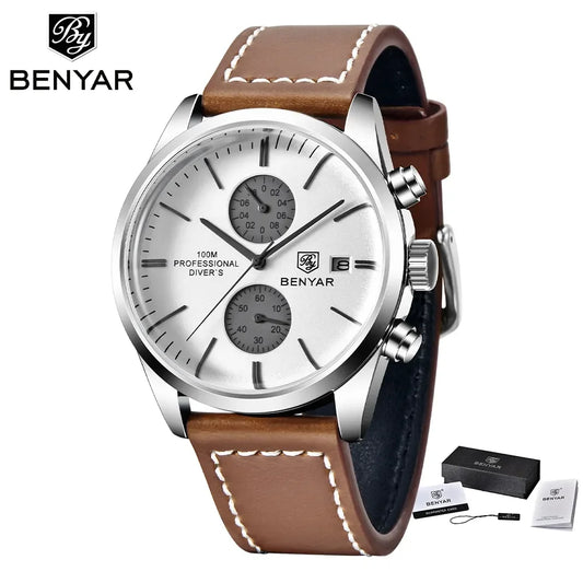 Hector Chrono Watch – 100M Waterproof, Leather Strap & Military Precision