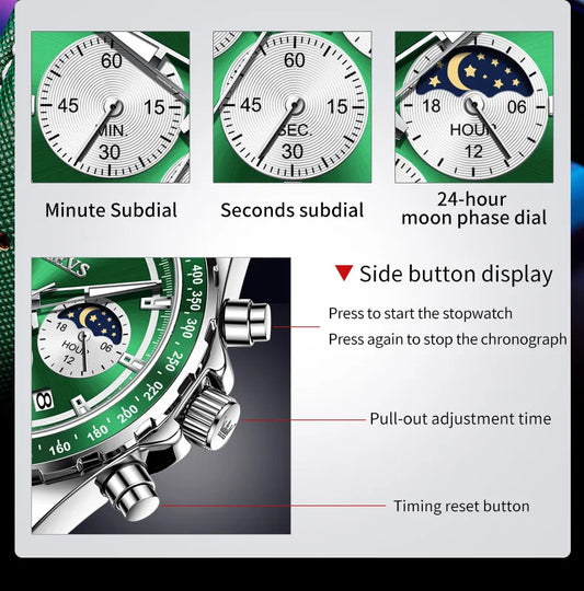 Hector Chrono Watch – Green Dial, Multifunctional & Waterproof Leather Design