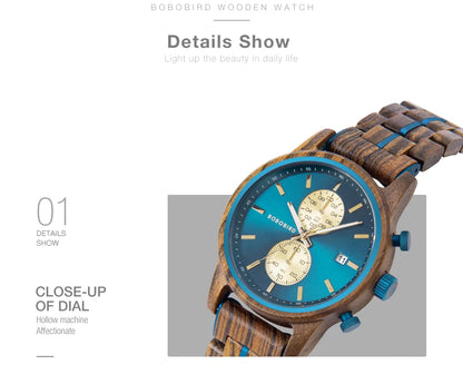 Themistocles Wooden Watch – Chronograph Quartz, Engraved & Date Display
