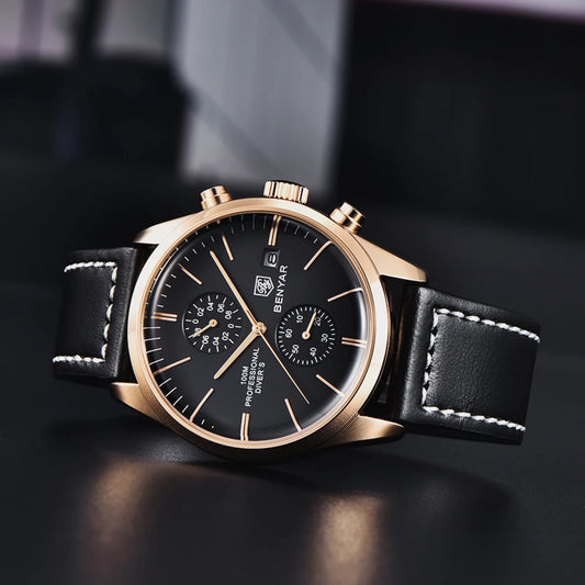 Hector Chrono Watch – 100M Waterproof, Leather Strap & Military Precision