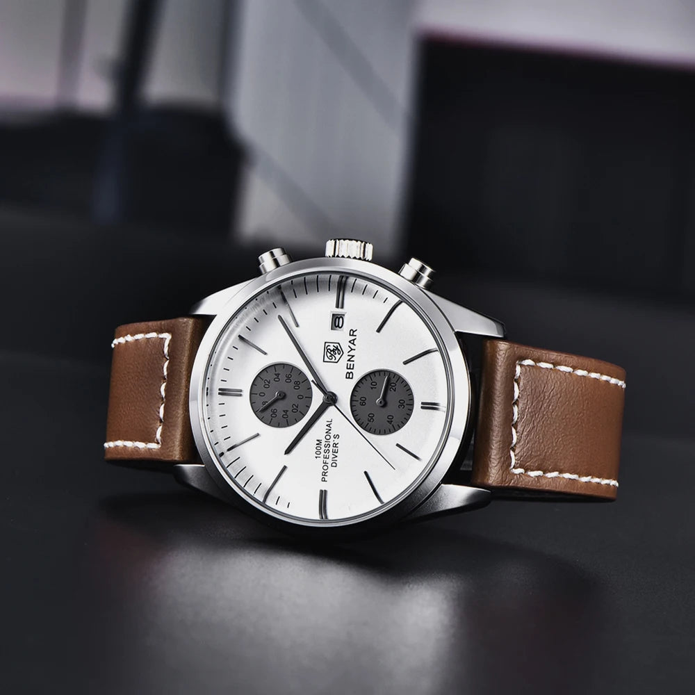 Hector Chrono Watch – 100M Waterproof, Leather Strap & Military Precision