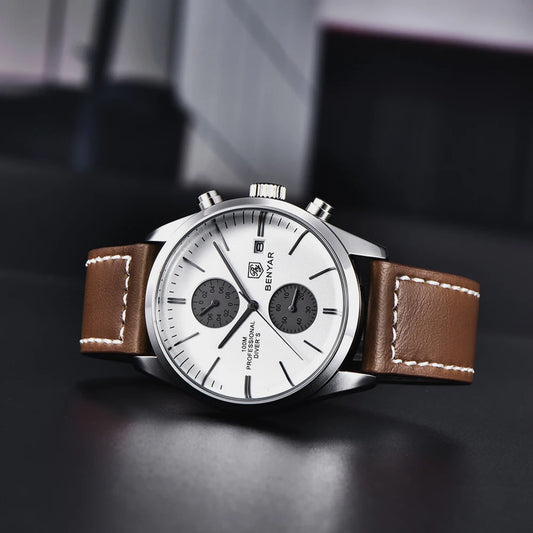 Hector Chrono Watch – 100M Waterproof, Leather Strap & Military Precision
