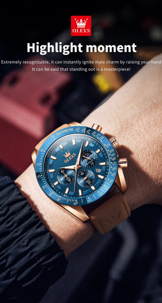 Odysseus Moonphase Watch – Brown Leather, Luminous Dial & Waterproof Design