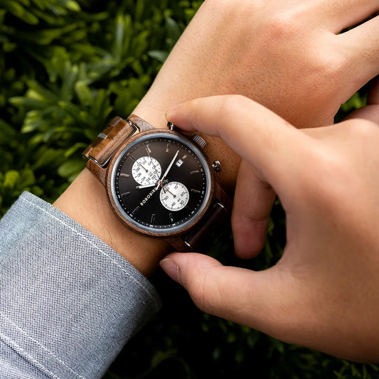 Themistocles Wooden Watch – Chronograph Quartz, Engraved & Date Display